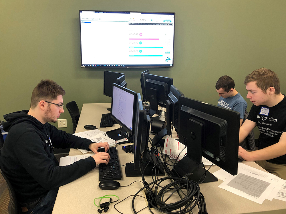 UW-Stout members of the Collegiate Cyber Defense Competition team participate in the state competition on Feb. 1 in Madison. The team took first in the state and moves on to the regional competition March 14.