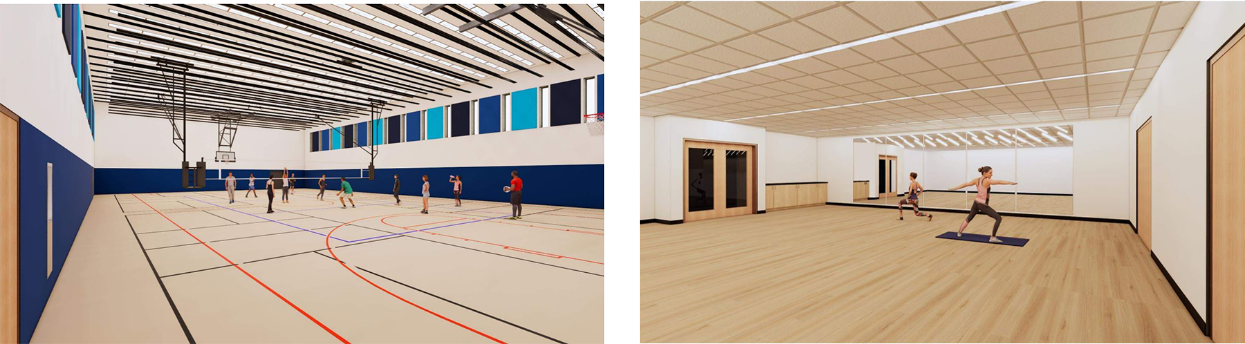 Side-by-side images of the renovated pool as basketball court and a new studio space for yoga.