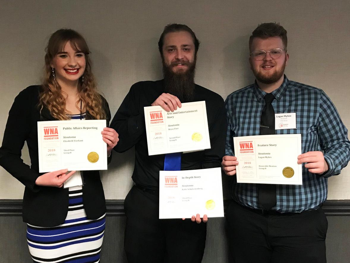 From left, Stoutonia staff members Elizabeth Vierkant, Bryce Parr and Logan Myhre celebrate with their Wisconsin Newspaper Association awards.