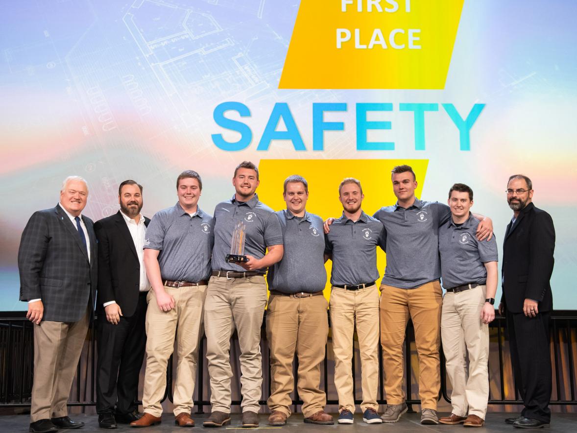 UW-Stout construction majors celebrate their first place in safety in the ABC national competition. From left are Alex Daniels, Vincent Lien, Ryan Arts, Michael Sonsalla, Matthew Jagodzinski and Jordan Jenson.