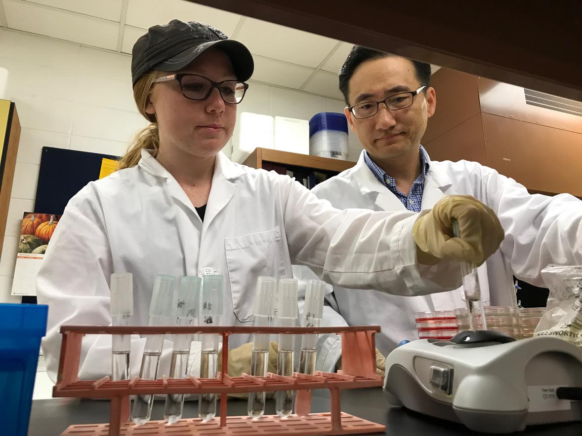 Emily Lehmann works with Assistant Professor Taejo Kim in a food science lab at UW-Stout. 